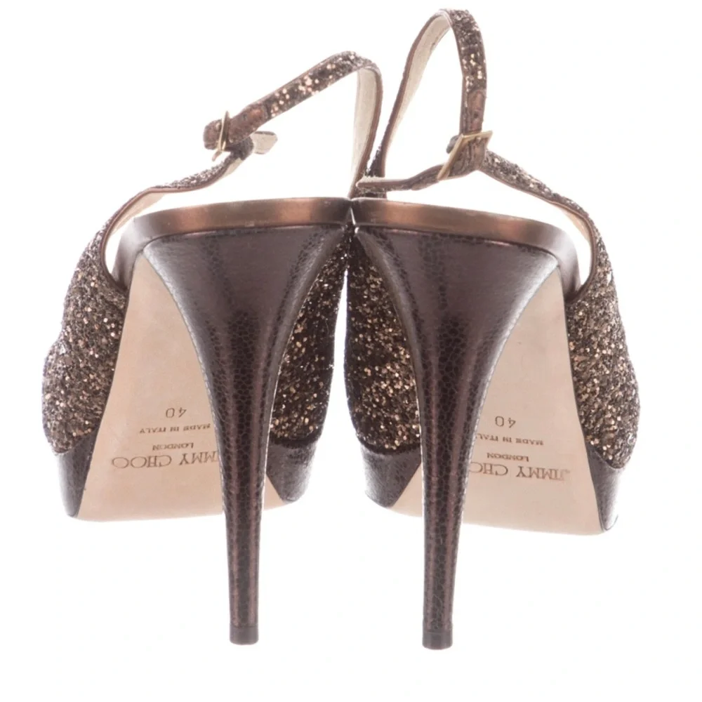 JIMMY CHOO Chocolate Glitter Peep Toe Slingback Heels